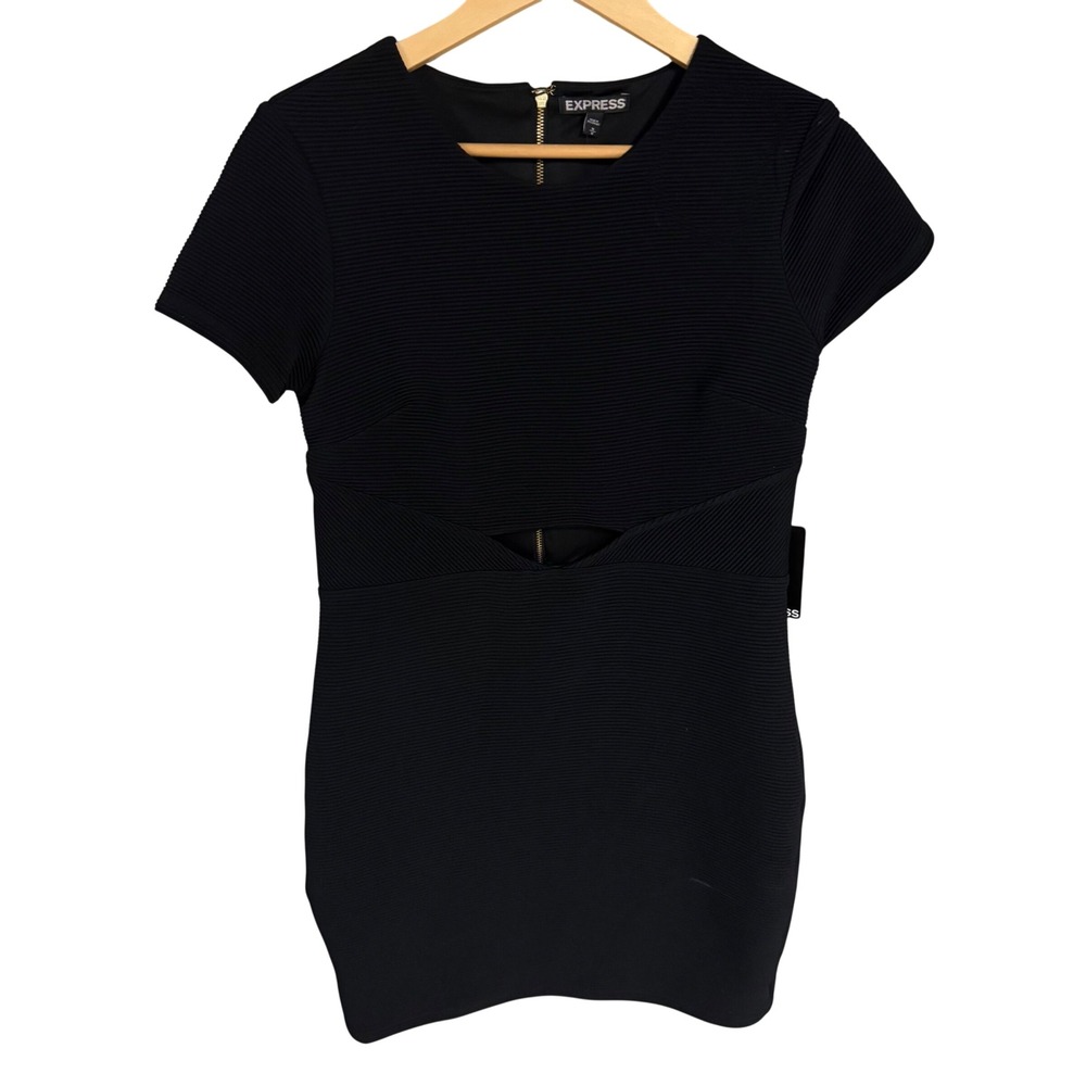 Express Womens Black Ribbed Cutout Bodycon Dress Short Sleeve Gold Zip NWT M